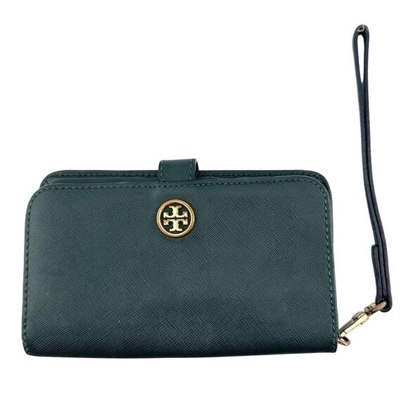 Tory Burch Deep Green Leather Bi-Fold Wallet Wristlet - Picture 6 of 16